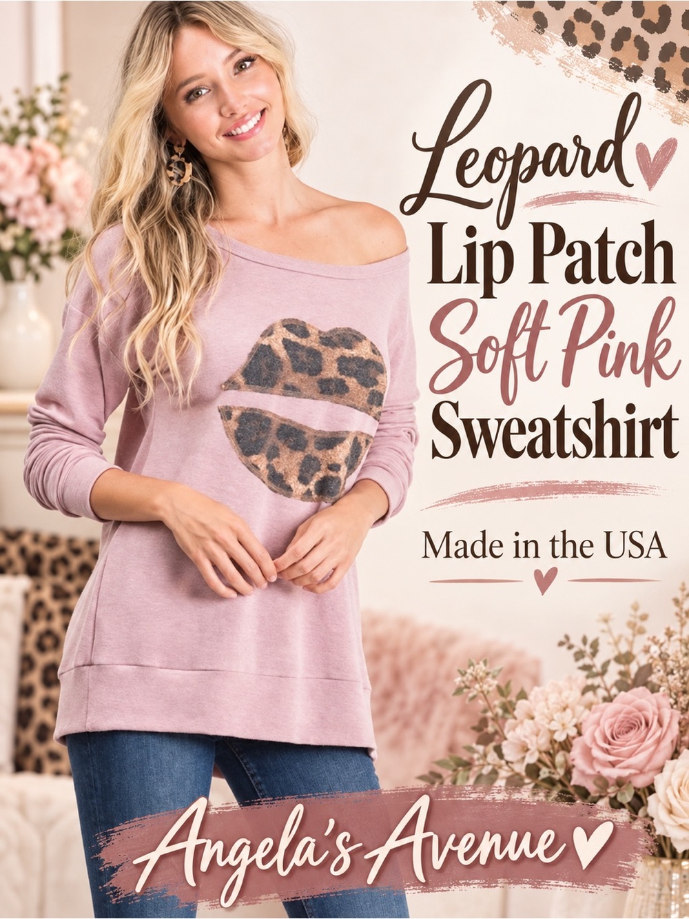Leopard Lip Patch Soft Pink Sweatshirt NEW